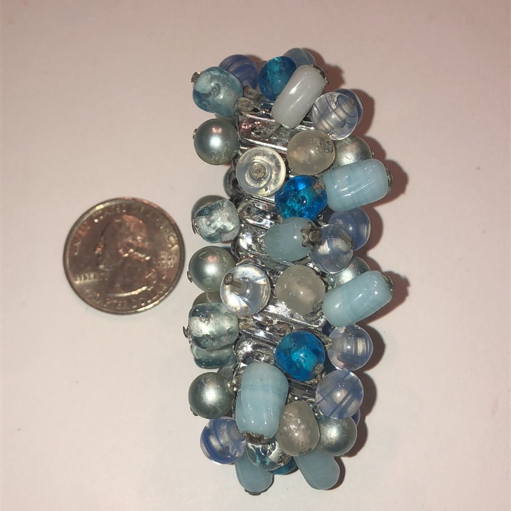 Vintage Japan Silver Tone Blue Beaded Retro Boho Stretchy Bracelet - Picture 4 of 4